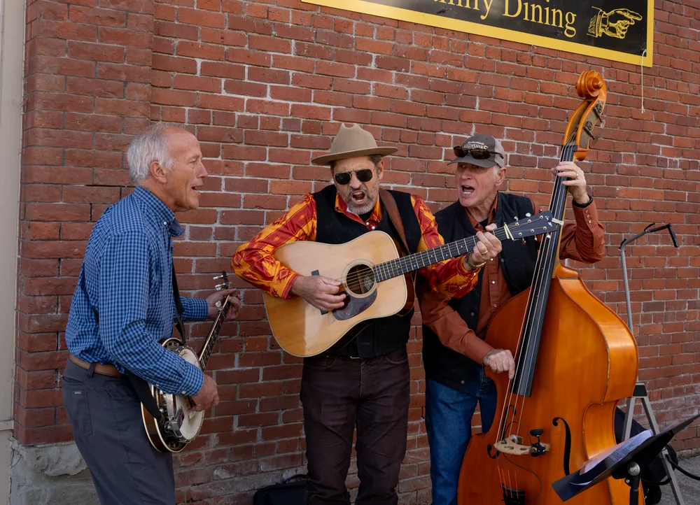 Three buskers playing banjo, guitar and upright bass against a brick wall downtown