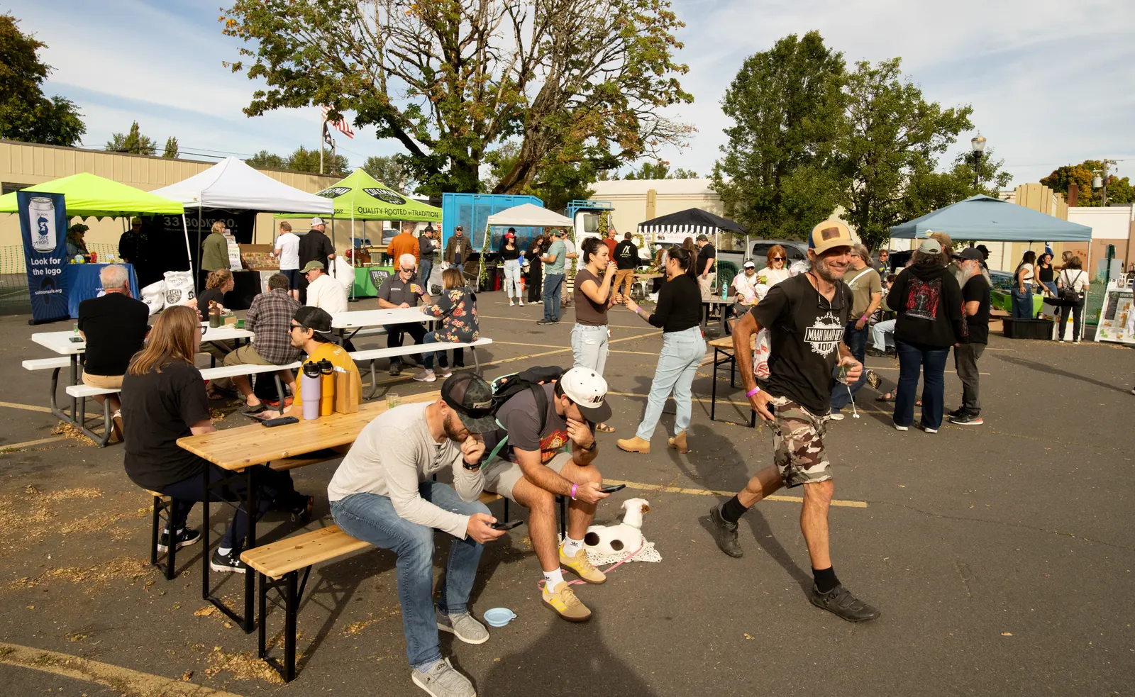 Guests at picnic tables under the tents at the Fresh Hop Fiesta, Parallel 45 Brewing, Independence, Oregon